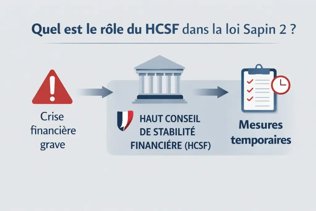 Schéma expliquant le rôle du Haut Conseil de stabilité financière (HCSF) dans la loi Sapin 2, de la crise financière aux mesures temporaires
